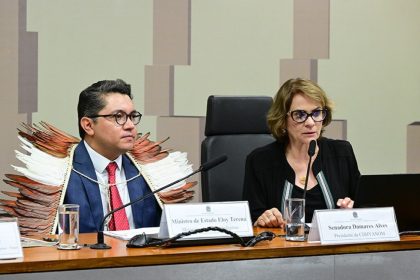 A senadora Damares Alves conduziu a reunião ao lado do ministro dos Povos Indígenas, Eloy Terena Geraldo Magela/Agência Senado